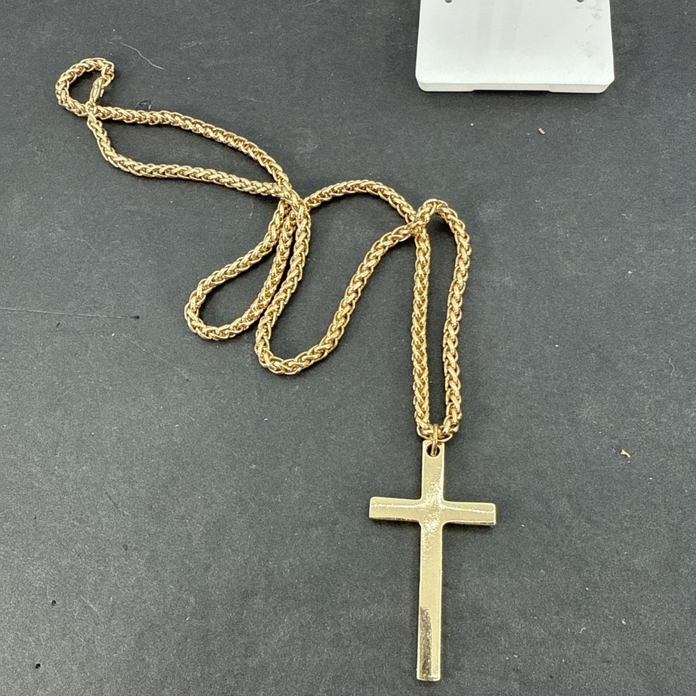 Gold Tone Cross Necklace 15" Front Clip Chain Chunky Link Christian - Picture 9 of 10